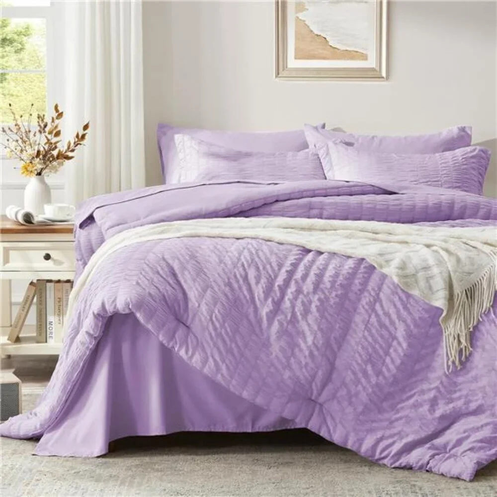 New Twin Comforter Set 5 Pieces, Light Purple Seersucker Bed in a Bag